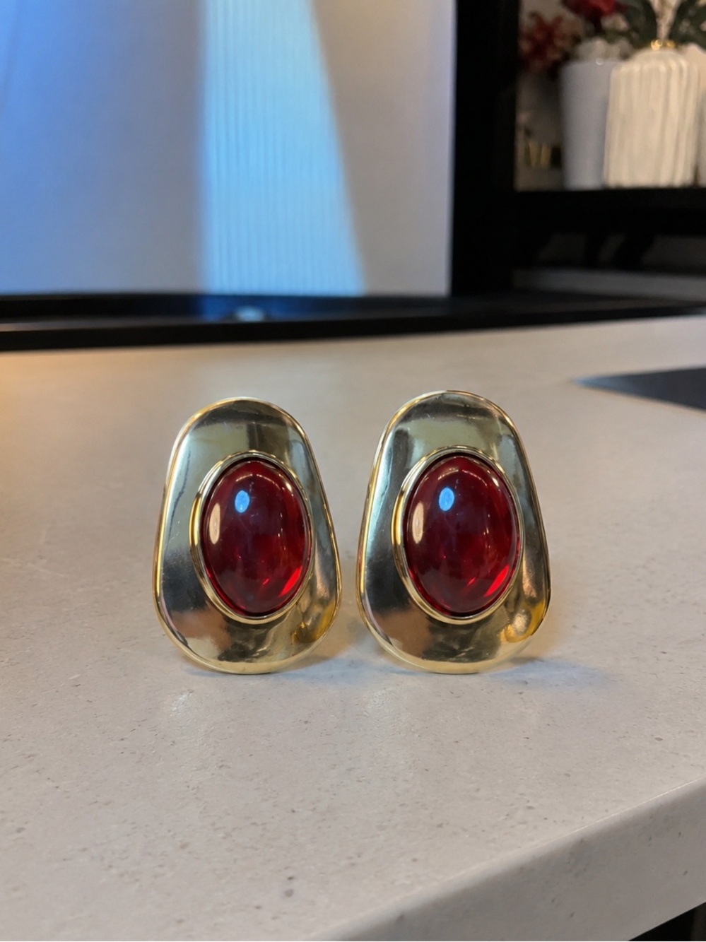 New Mayamar Gold dipped Earrings with Red statement Center